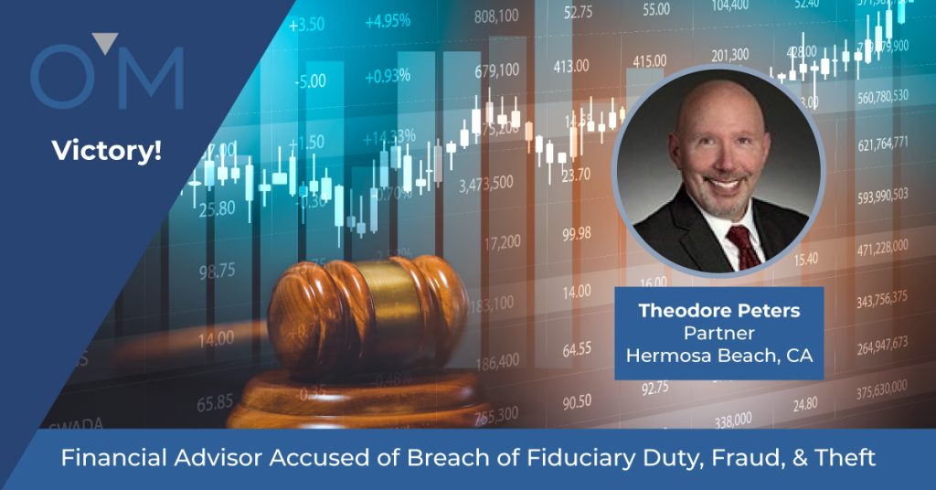 Image of stock-market ticker, gavel, and photo of Ted Peters, Partner